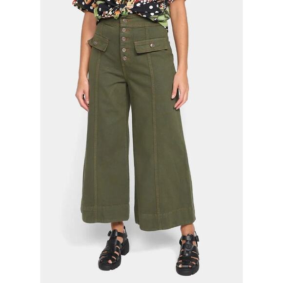 FARM Rio Denim - Farm Rio Wide Leg Pockets Twill Trousers Women's Size 38 Green Small